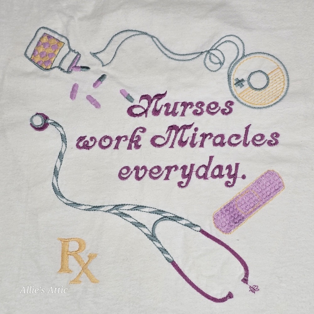 Vintage Nurse T-shirt Cotton Hanes Gift Embroidered Miracles White Purple Medium